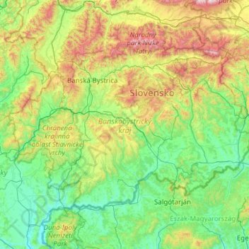Mapa topográfico Región de Banská Bystrica, altitud, relieve