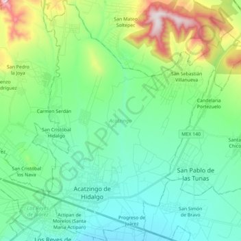 Mapa topográfico Acatzingo, altitud, relieve