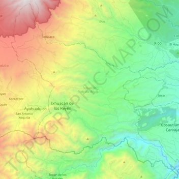Mapa topográfico Ixhuacán de los Reyes, altitud, relieve