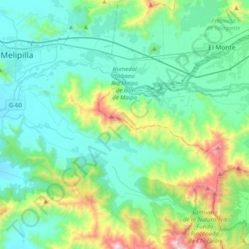 Mapa topográfico Humedal Urbano Río Maipo de Isla de Maipo, altitud, relieve