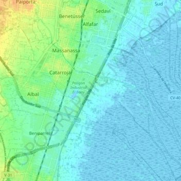 Mapa topográfico Alfafar, altitud, relieve