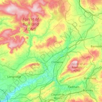 Mapa topográfico Ribble Valley, altitud, relieve