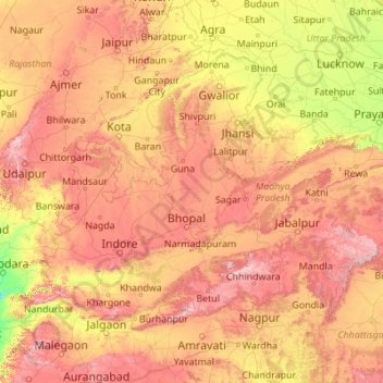 Mapa topográfico Madhya Pradesh, altitud, relieve