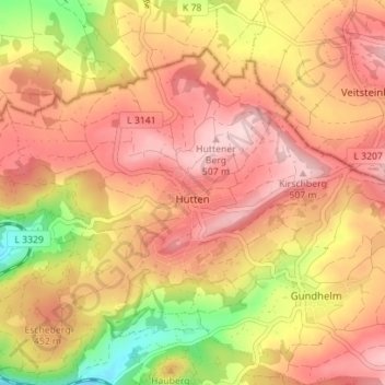 Mapa topográfico Hutten, altitud, relieve