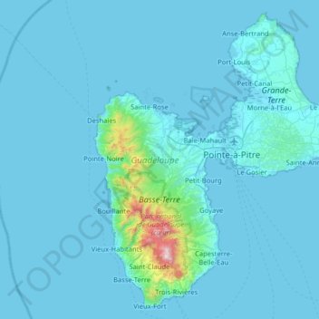 Mapa topográfico Guadeloupe, altitud, relieve