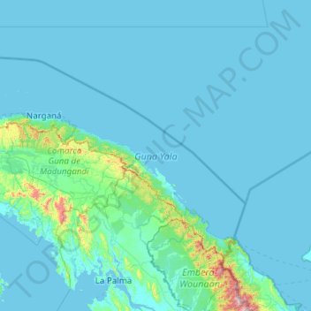 Mapa topográfico Guna Yala, altitud, relieve