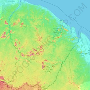Mapa topográfico Frans-Guyana, altitud, relieve