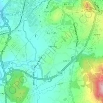 Mapa topográfico Lomar e Arcos, altitud, relieve