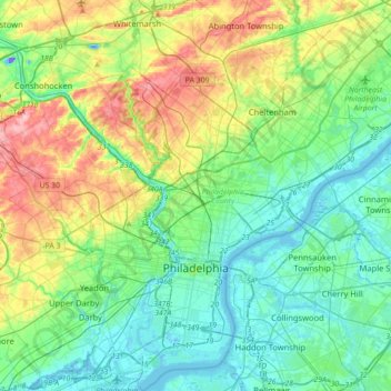 Mapa topográfico Philadelphia, altitud, relieve
