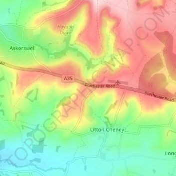 Mapa topográfico Litton Cheney, altitud, relieve