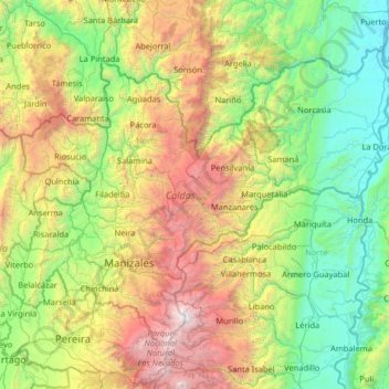 Mapa topográfico Caldas, altitud, relieve