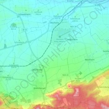 Mapa topográfico Illesheim, altitud, relieve