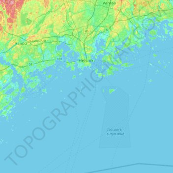 Mapa topográfico Helsinki, altitud, relieve