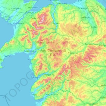 Mapa topográfico Gwynedd, altitud, relieve