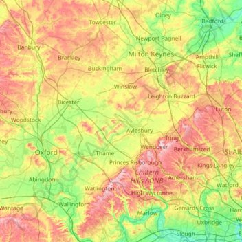 Mapa topográfico Buckinghamshire, altitud, relieve