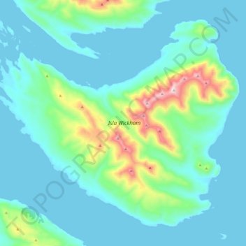 Mapa topográfico Isla Wickham, altitud, relieve