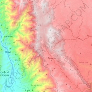 Mapa topográfico Belmira, altitud, relieve