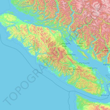 Mapa topográfico Isla de Vancouver, altitud, relieve