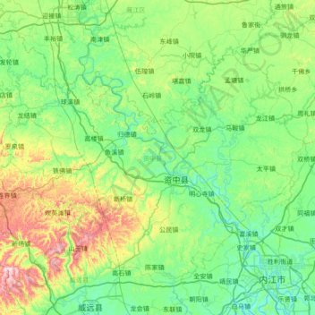 Mapa topográfico Zizhong County, altitud, relieve