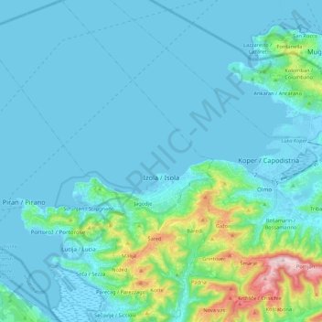 Mapa topográfico Izola / Isola, altitud, relieve