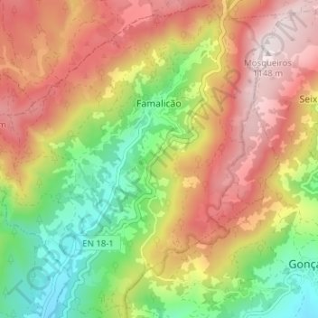 Mapa topográfico Famalicão, altitud, relieve