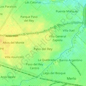 Mapa topográfico Paso del Rey, altitud, relieve