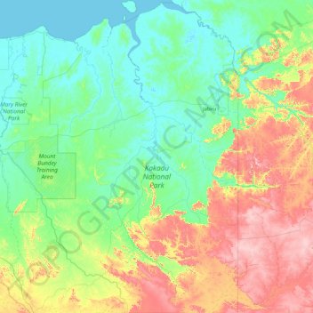 Mapa topográfico Kakadu, altitud, relieve