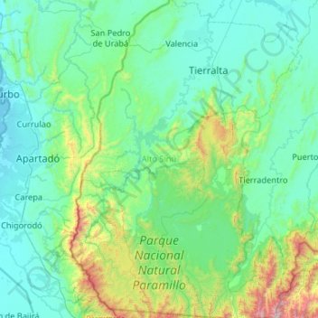 Mapa topográfico Alto Sinú, altitud, relieve