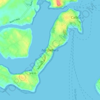 Mapa topográfico Isla Calbuco, altitud, relieve