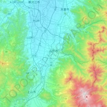Mapa topográfico Yamagata, altitud, relieve