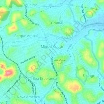 Mapa topográfico Miguel Couto, altitud, relieve