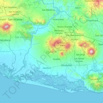 Mapa topográfico Usulután, altitud, relieve
