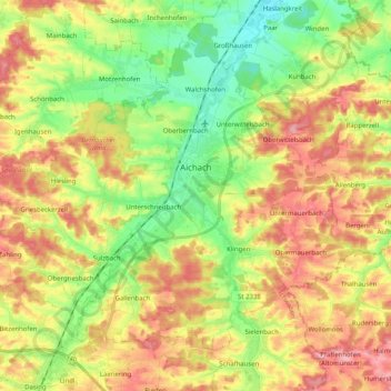 Mapa topográfico Aichach, altitud, relieve