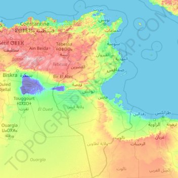Mapa topográfico Tunisie, altitud, relieve