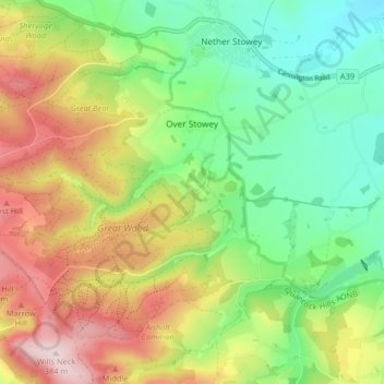 Mapa topográfico Over Stowey, altitud, relieve
