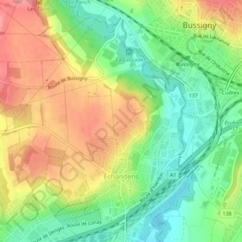 Mapa topográfico Echandens, altitud, relieve