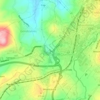 Mapa topográfico Ferreiros e Gondizalves, altitud, relieve