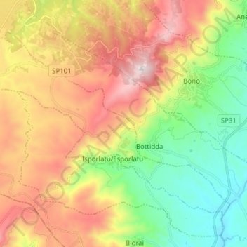 Mapa topográfico Su Burgu/Burgos, altitud, relieve
