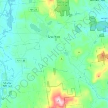 Mapa topográfico Greenfield, altitud, relieve