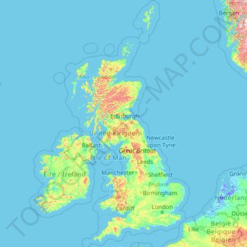 Mapa topográfico United Kingdom, altitud, relieve