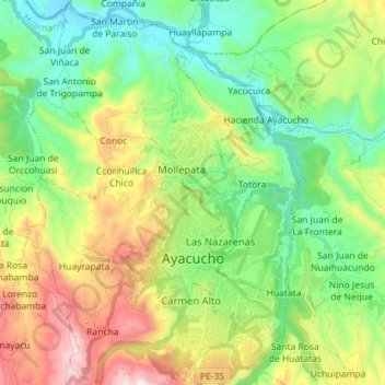 Mapa topográfico Ayacucho, altitud, relieve