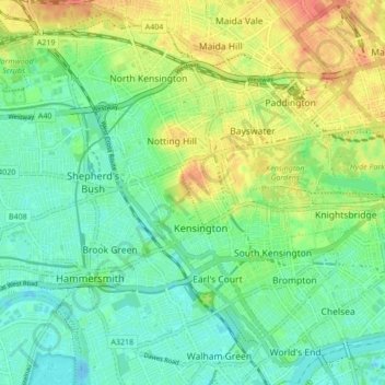 Mapa topográfico Londen, altitud, relieve