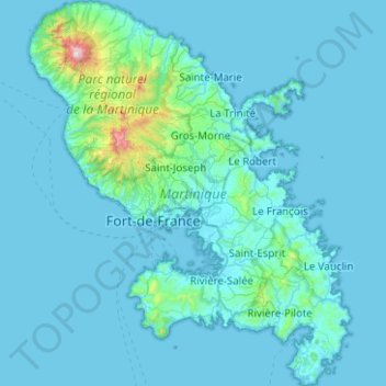 Mapa topográfico Martinique, altitud, relieve