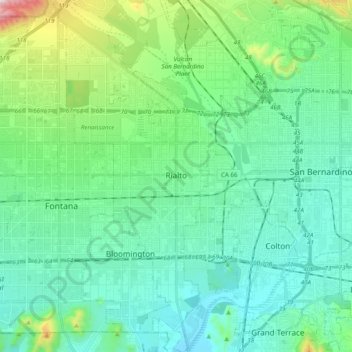 Mapa topográfico Rialto, altitud, relieve