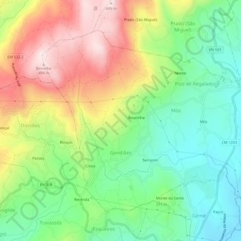 Mapa topográfico Pico de Regalados, Gondiães e Mós, altitud, relieve