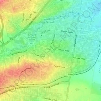 Mapa topográfico Grovedale, altitud, relieve