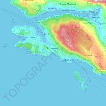 Mapa topográfico Dubrovnik, altitud, relieve