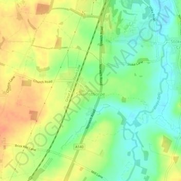 Mapa topográfico Swainsthorpe, altitud, relieve