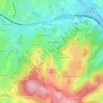 Mapa topográfico Meulin, altitud, relieve