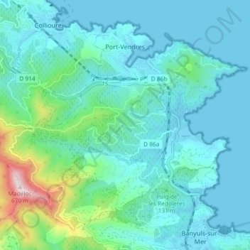 Mapa topográfico Port-Vendres, altitud, relieve